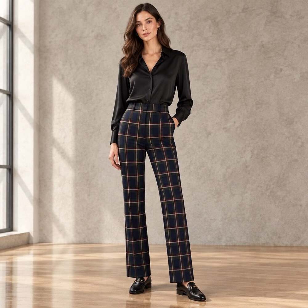 J.McLaughlin Calder Plaid Pants Size S Navy Multi Tartan Stretch Trousers